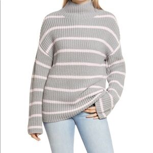 Caslon Shaker Knit Mock Neck Sweater Grey and Pink Stripes XL NWT